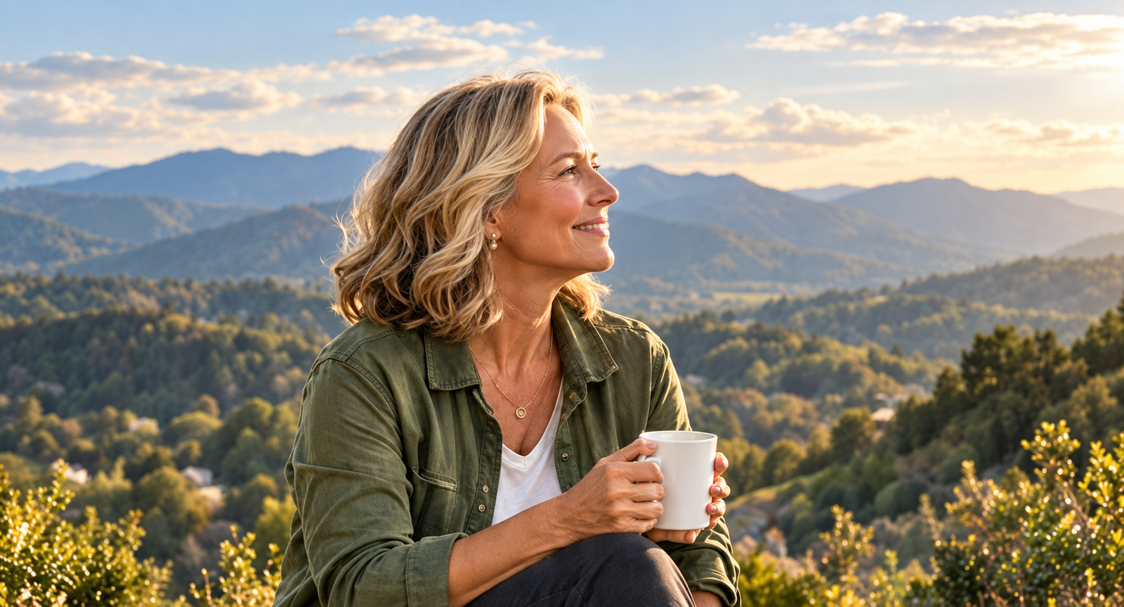 A woman pauses with a cup of tea among the hills