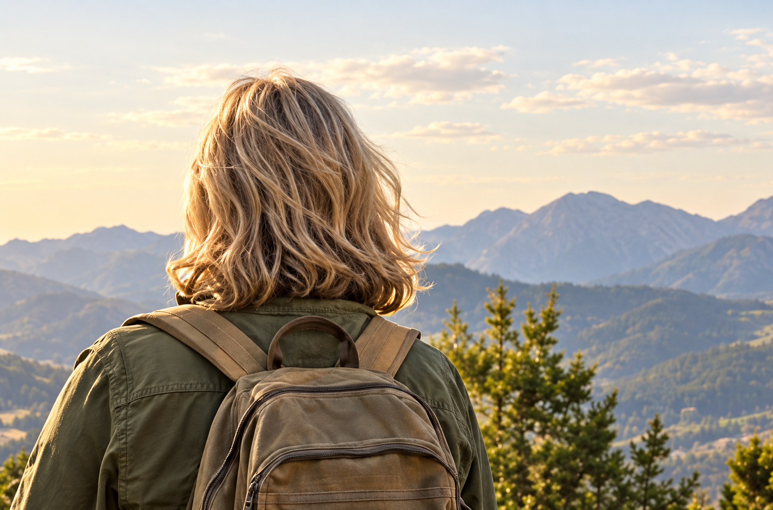 A woman looking toward the open hills on a bright new day