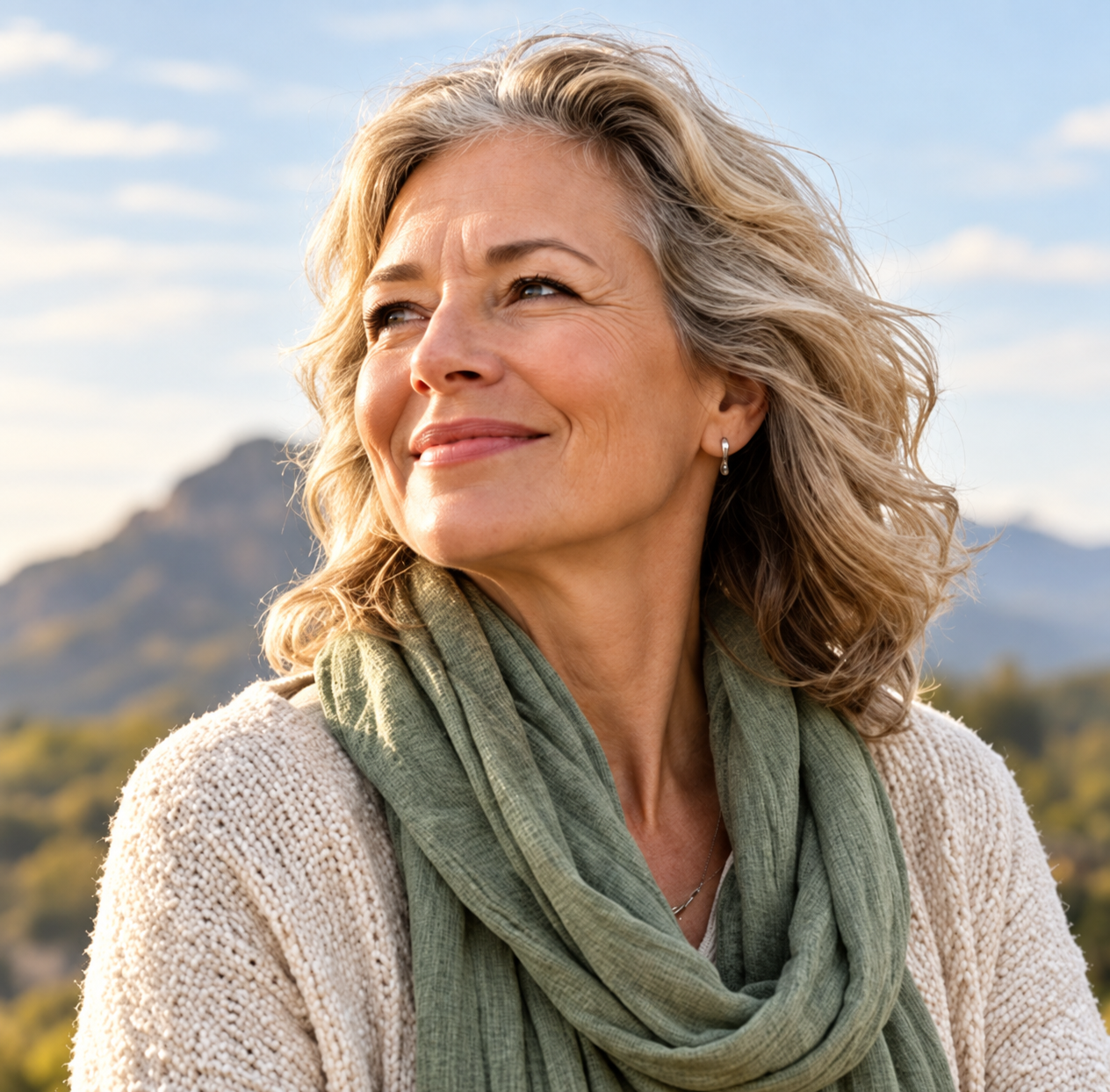 A woman in her 60s enjoying a peaceful sunlit meadow