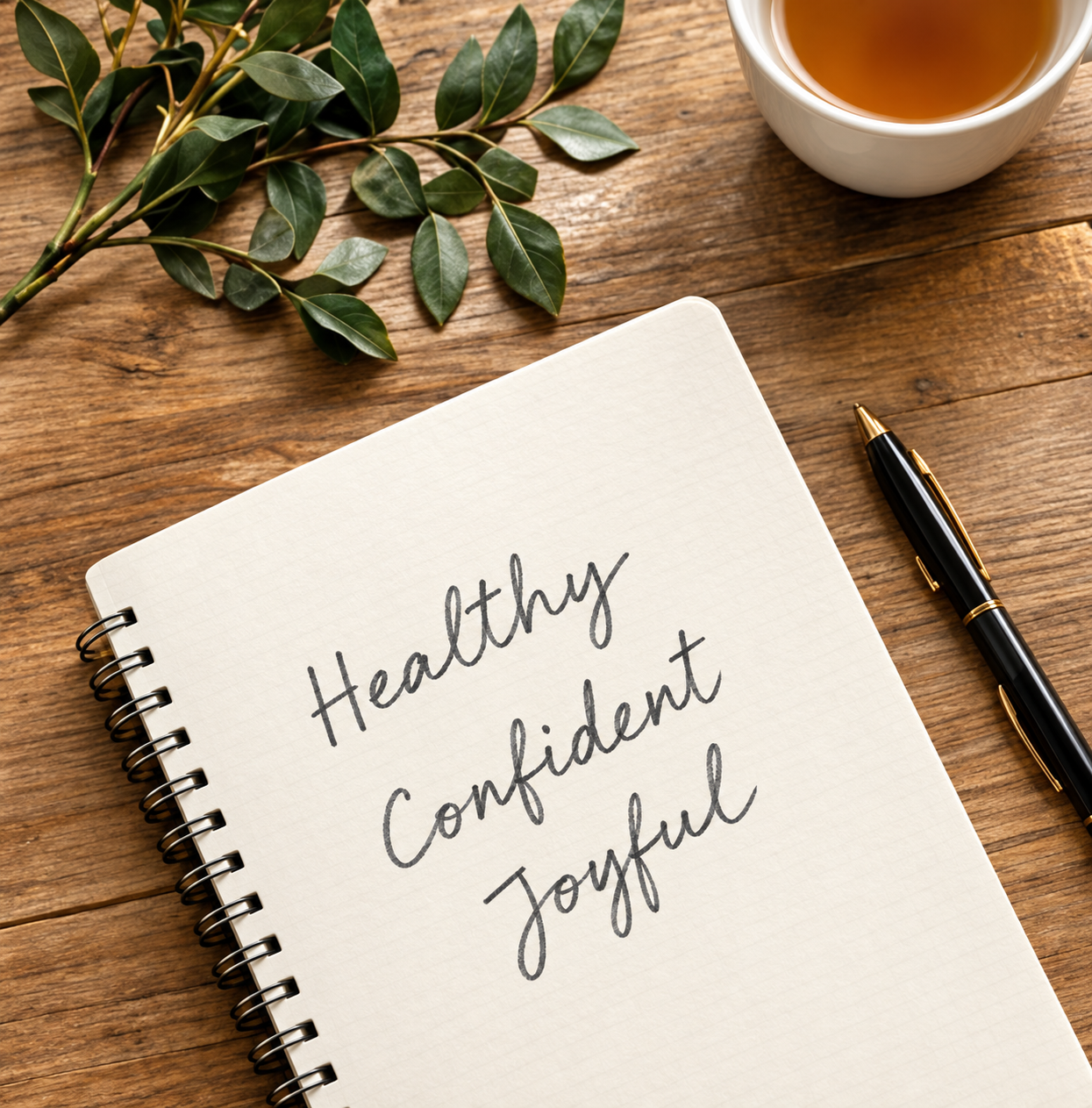 A wellness journal, tea and oak leaves on a wooden table